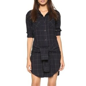 Current/Elliott Navy Windowpane‎ Plaid Waist Tie Shirt Dress Cotton 1